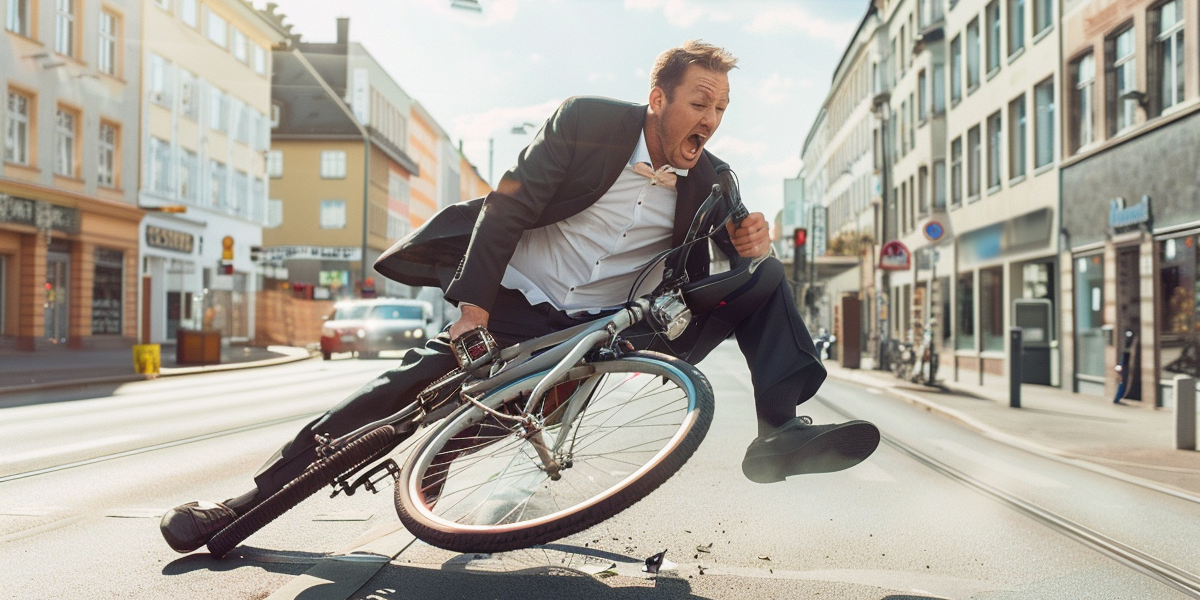 Ein Business-Mann stürzt mit dem Fahrrad im Straßenverkehr – typisches Alltagsrisiko, das zeigt, wie schnell ein Unfall passieren kann. Ideal zur Veranschaulichung von Beiträgen über Unfallversicherung, Absicherung bei Invalidität und Schutz im Berufsalltag.