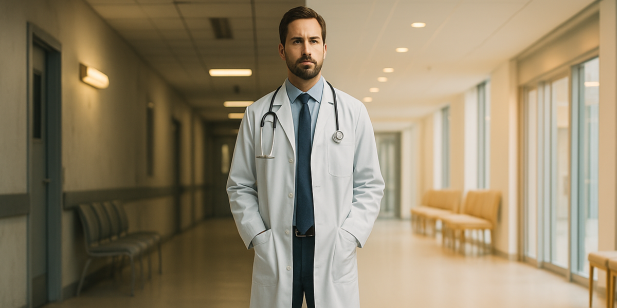 Ein Arzt steht auf einem Riss zwischen zwei Krankenhausfluren: links trist, rechts modern – Symbolbild für die Wahl zwischen gesetzlicher Krankenkasse (GKV) und privater Krankenversicherung (PKV)