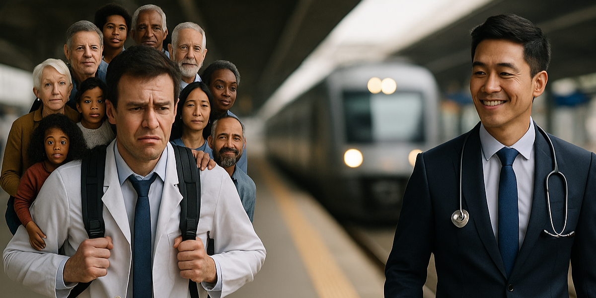 Ein Arzt am Bahnhof trägt symbolisch Dutzende Menschen auf dem Rücken – Sinnbild für die finanzielle Belastung in der GKV. Daneben geht ein entspannter Kollege im PKV-Anzug mit leichtem Gepäck Richtung Zug.