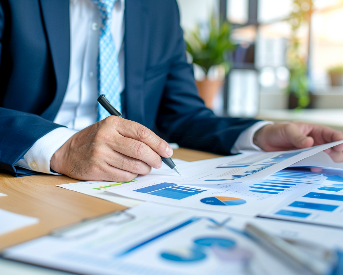 Das Bild symbolisiert fundierte Analyse und Kostentransparenz in der Altersvorsorge. Ein Finanzberater prüft konzentriert Tabellen und Grafiken – ein typisches Szenario aus der Praxis, wenn es um Nettopolicen, Effektivkostenquoten oder den Vergleich von Brutto- und Nettotarifen geht. Die Szene unterstreicht den Anspruch, Finanzberatung strukturiert, verständlich und faktenbasiert zu gestalten – für Kunden, die echte Klarheit statt Produktversprechen suchen.