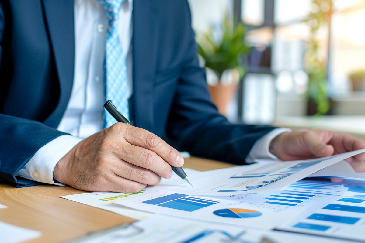 Das Bild symbolisiert fundierte Analyse und Kostentransparenz in der Altersvorsorge. Ein Finanzberater prüft konzentriert Tabellen und Grafiken – ein typisches Szenario aus der Praxis, wenn es um Nettopolicen, Effektivkostenquoten oder den Vergleich von Brutto- und Nettotarifen geht. Die Szene unterstreicht den Anspruch, Finanzberatung strukturiert, verständlich und faktenbasiert zu gestalten – für Kunden, die echte Klarheit statt Produktversprechen suchen.