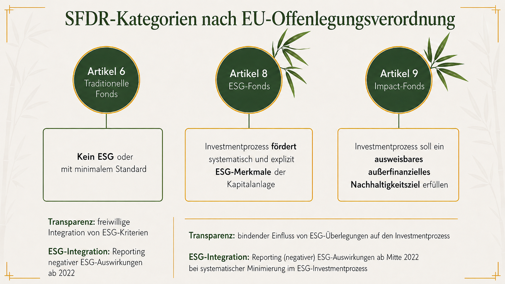 Infografik im Bamboo Stil zum Vergleich von Artikel 6, 8 und 9 Fonds  