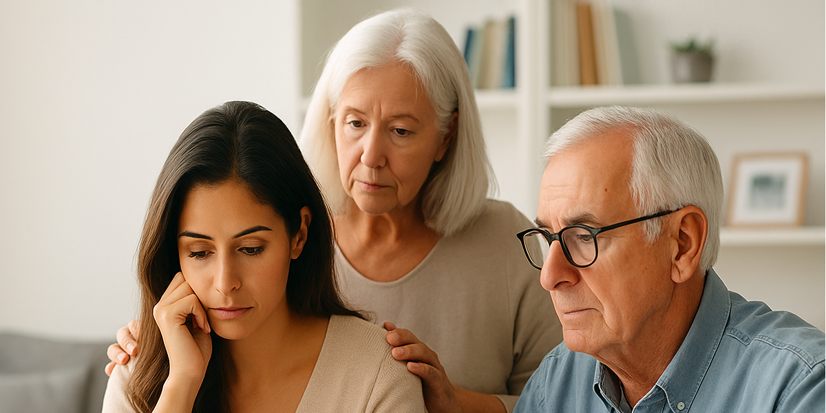 Pflegebedürftigkeit betrifft die ganze Familie: Junge Mutter, Eltern und Kinder im Hintergrund – verdeutlicht die Notwendigkeit früher Absicherung durch eine private Pflegeversicherung.