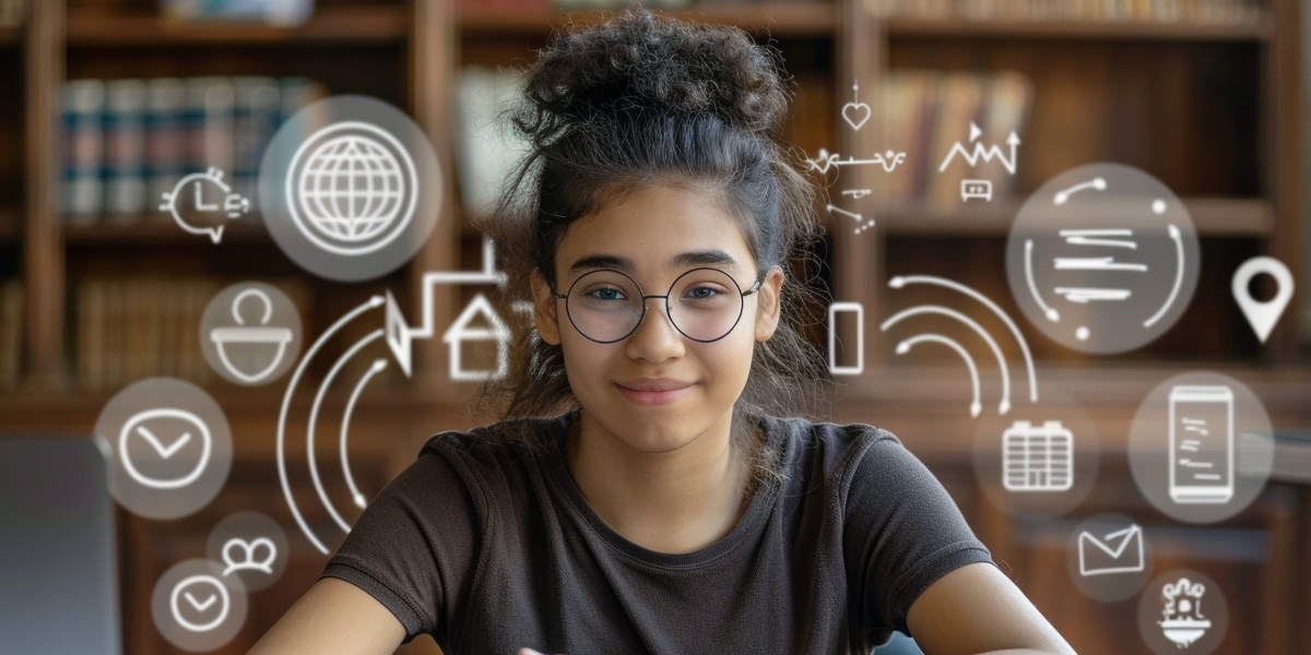 Studentin mit Laptop und Büchern in der Bibliothek, umgeben von digitalen Symbolen – ein modernes Bild für den Semesterbeginn, das auf zentrale Versicherungen für Studierende hinweist: Krankenversicherung, Privathaftpflicht, Hausrat und Berufsunfähigkeitsversicherung.
