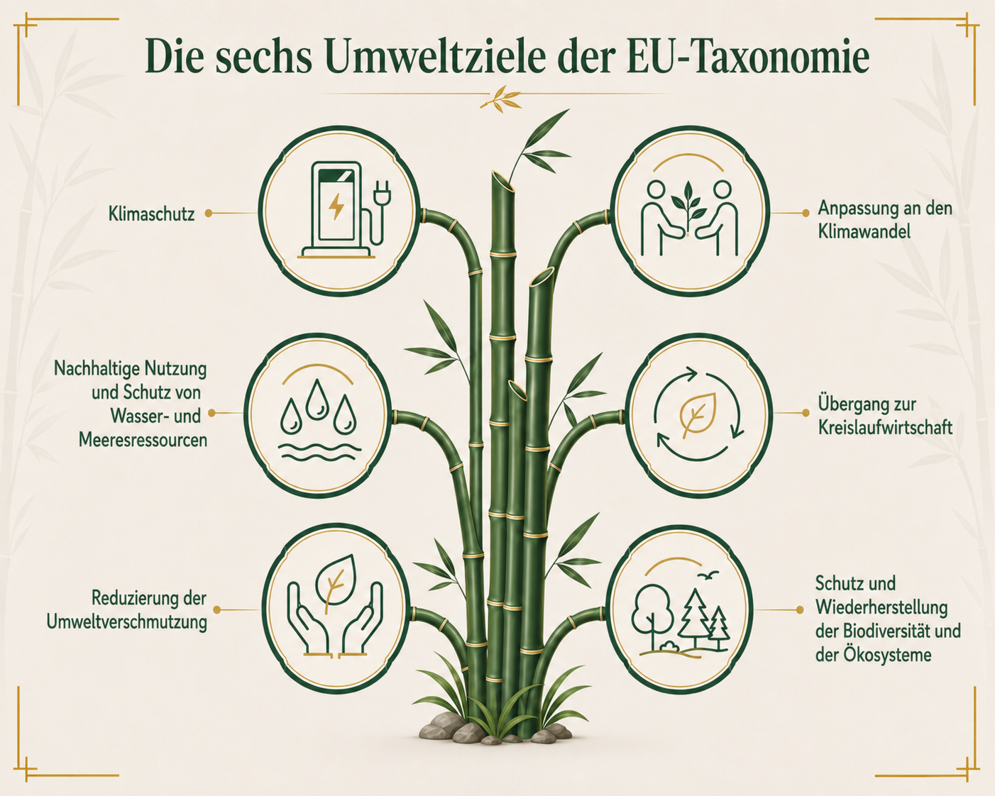 Sechs Umweltziele der EU-Taxonomie als Bambusgrafik