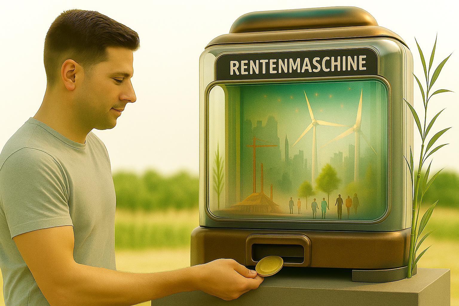 Ein junger Mann wirft eine Münze in eine große Glasmaschine–visuelles Symbol für Finanzentscheidung