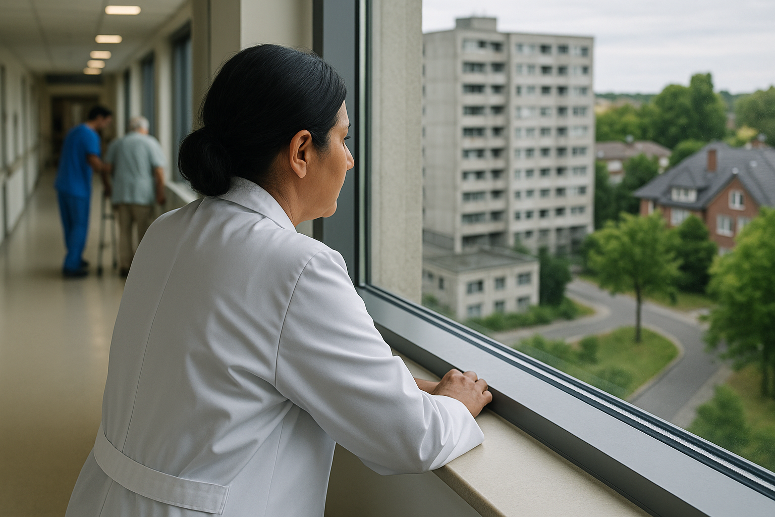 Nachdenkliche Ärztin blickt aus Klinikfenster – GKV oder PKV im Alter? Krankenversicherungswahl