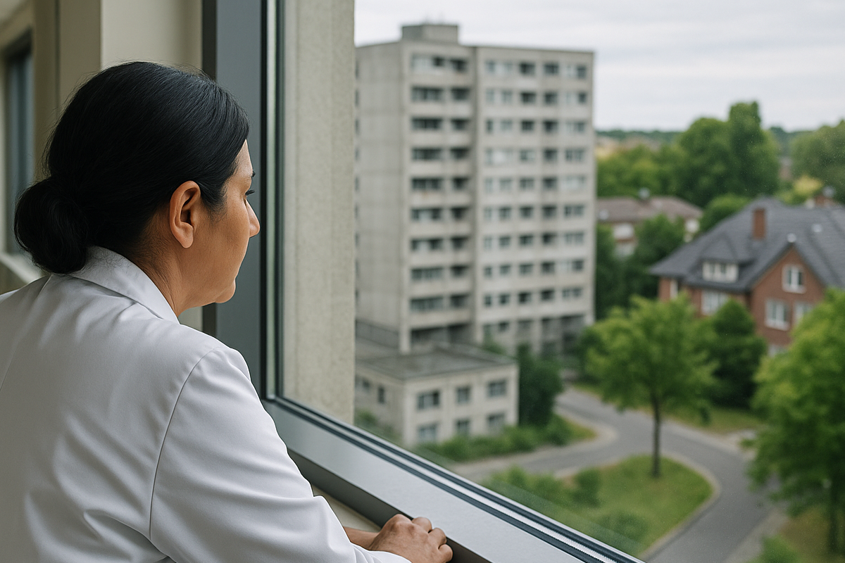 Eine ältere Ärztin steht im Klinikflur und blickt nachdenklich aus dem Fenster – das Bild visualisiert die wachsende Belastung durch GKV-Beiträge im Ruhestand und den Vergleich mit der PKV als Alternative