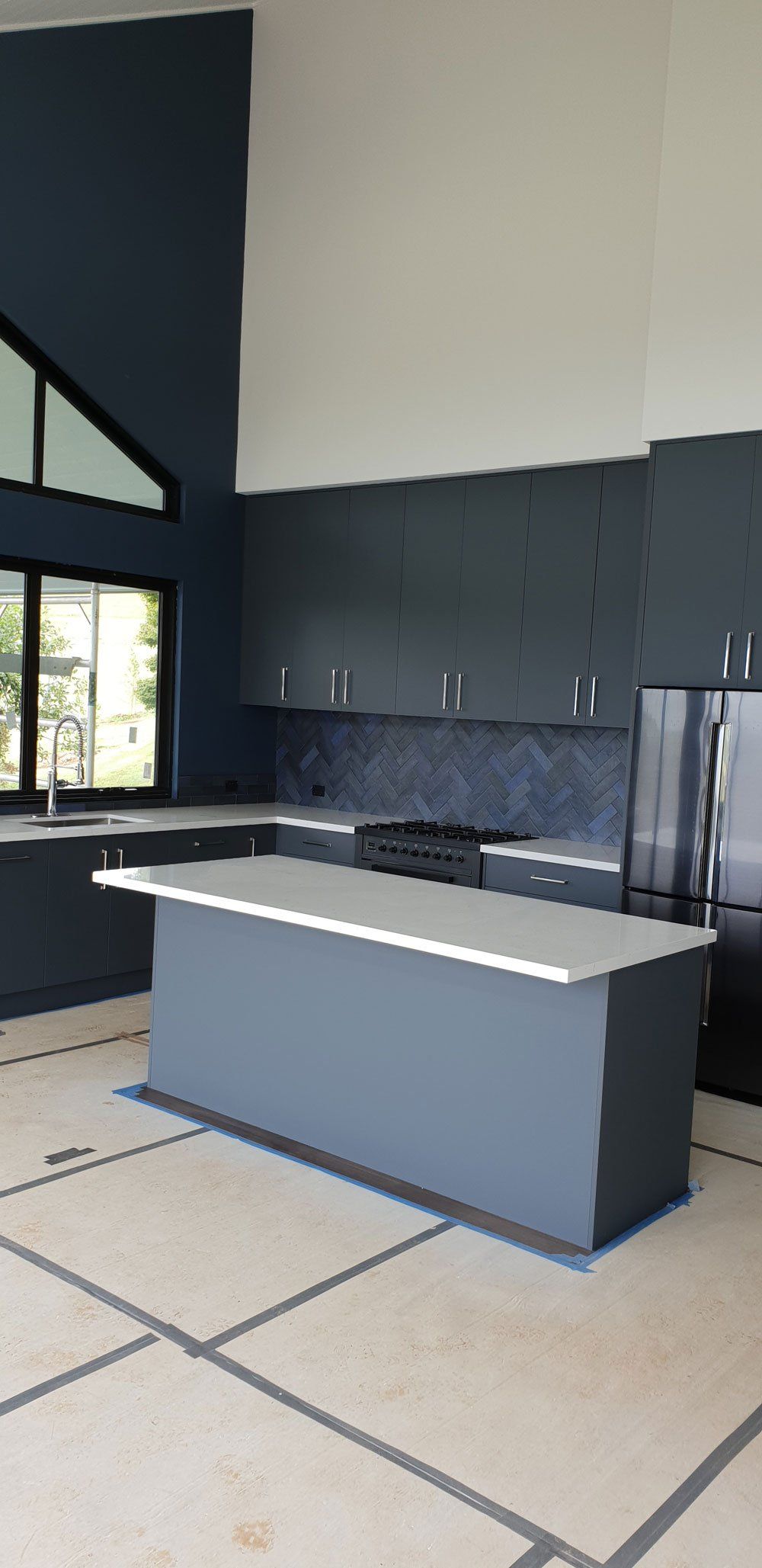 Grey Kitchen Island with White Benchtop — Bespoke Kitchens in Balaclava NSW