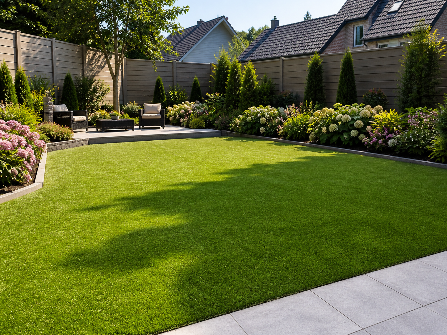 Landscaped backyard with green lawn, flower beds, patio chairs, and stone paving under a sunny sky