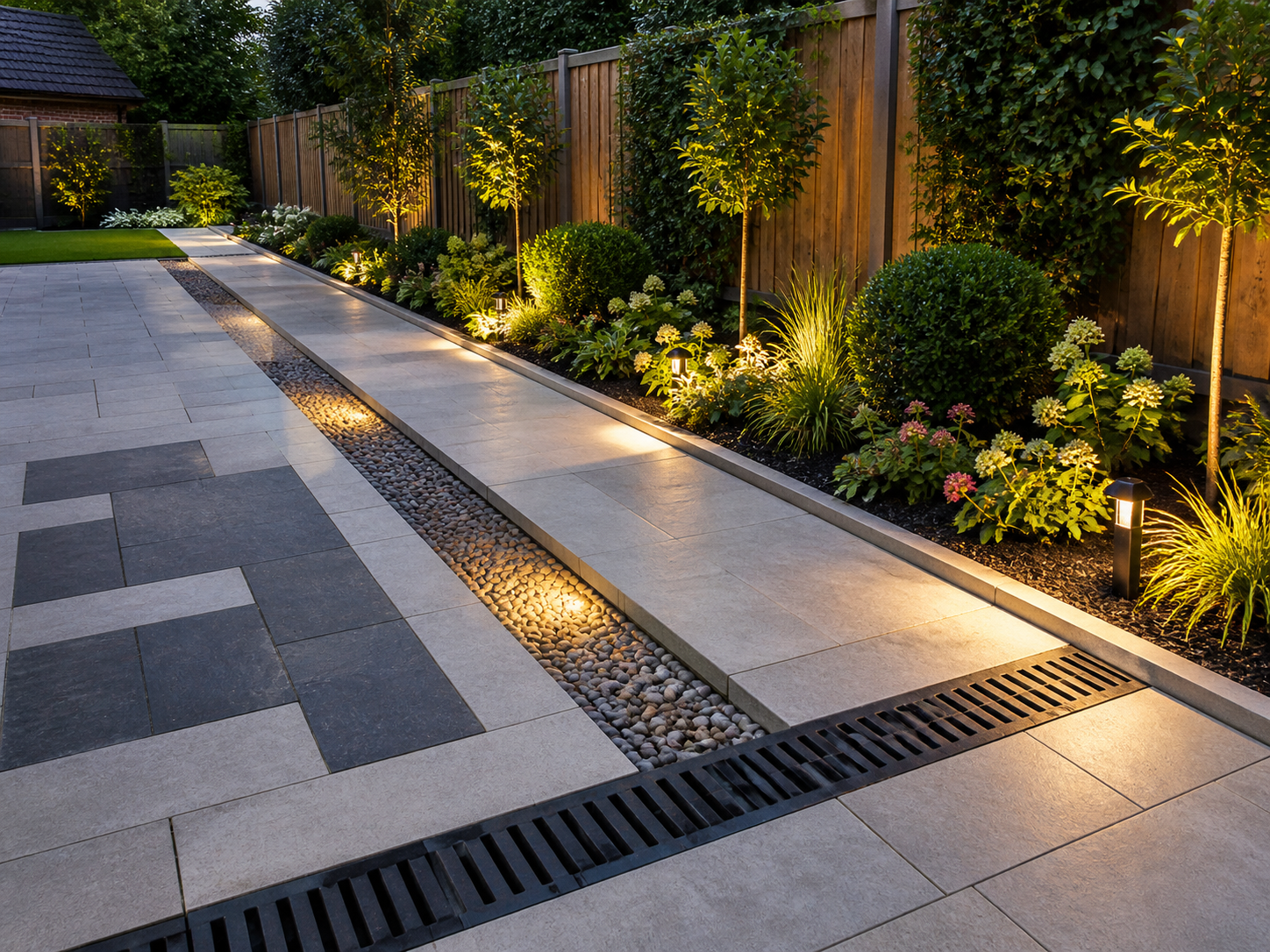 Modern landscaped driveway with stone pavers, gravel strip, and warm garden lighting along a wooden fence