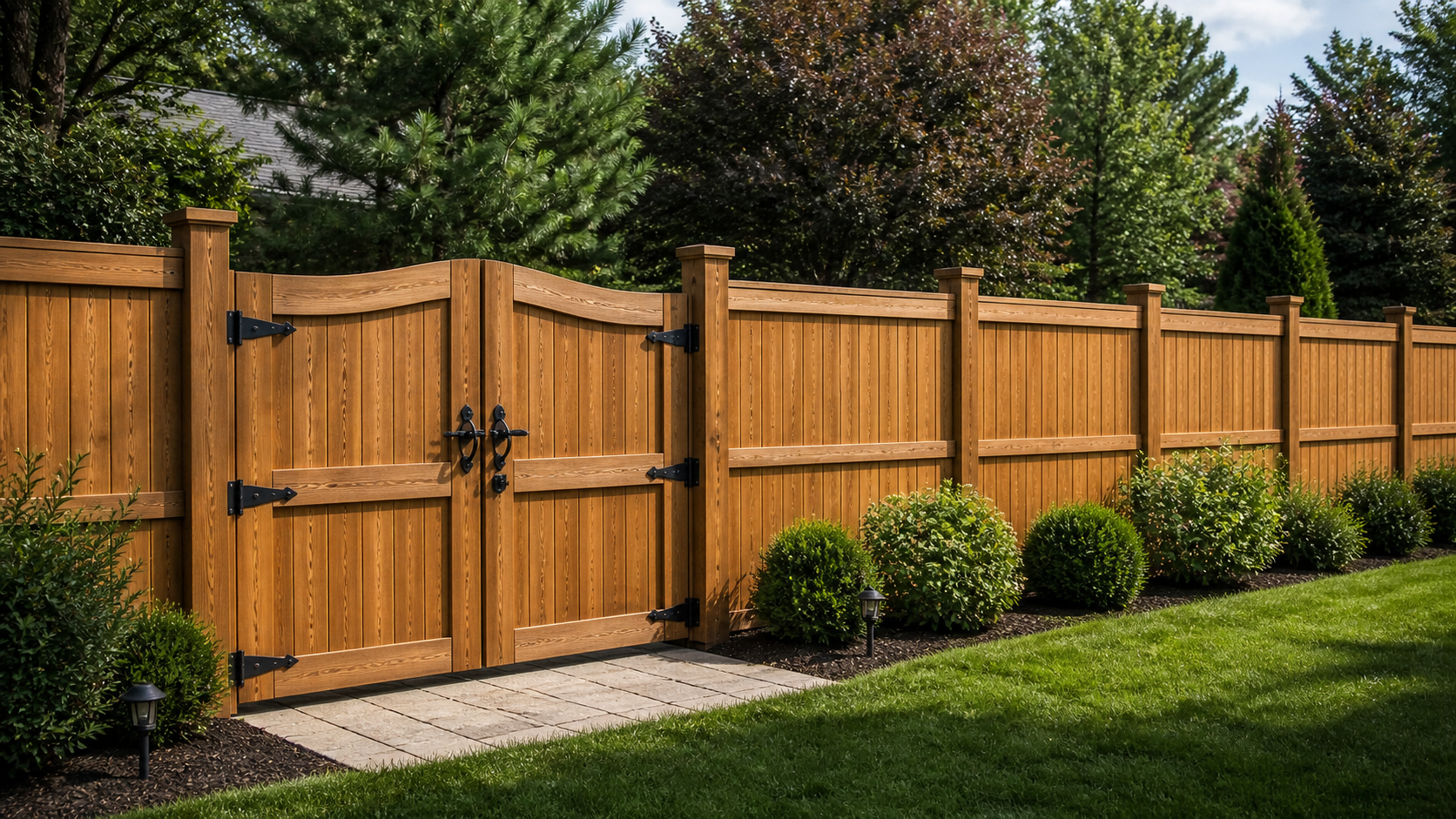 Wooden privacy fence with double gate beside a paved walkway and neatly trimmed shrubs in a green yard