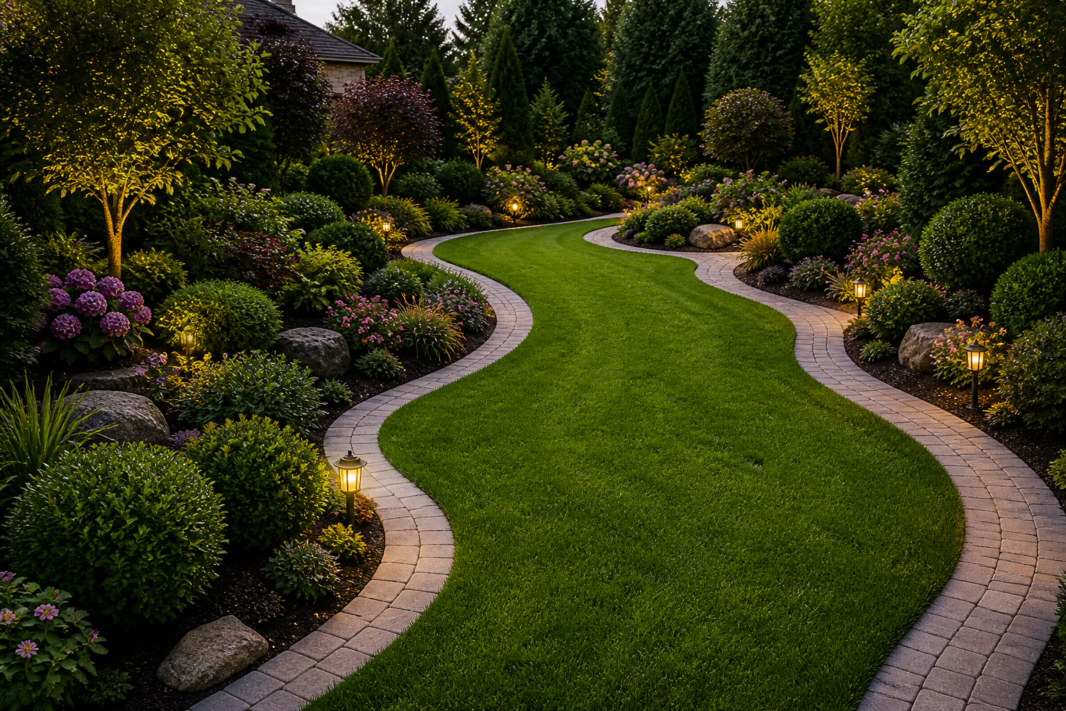 Curving garden path bordered by lush shrubs, flowers, and small glowing lights at dusk