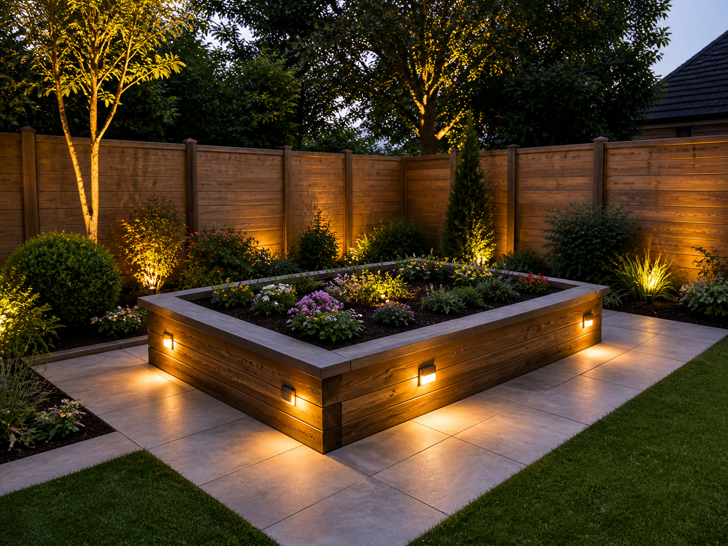 Illuminated raised garden bed with flowers in a fenced backyard at dusk