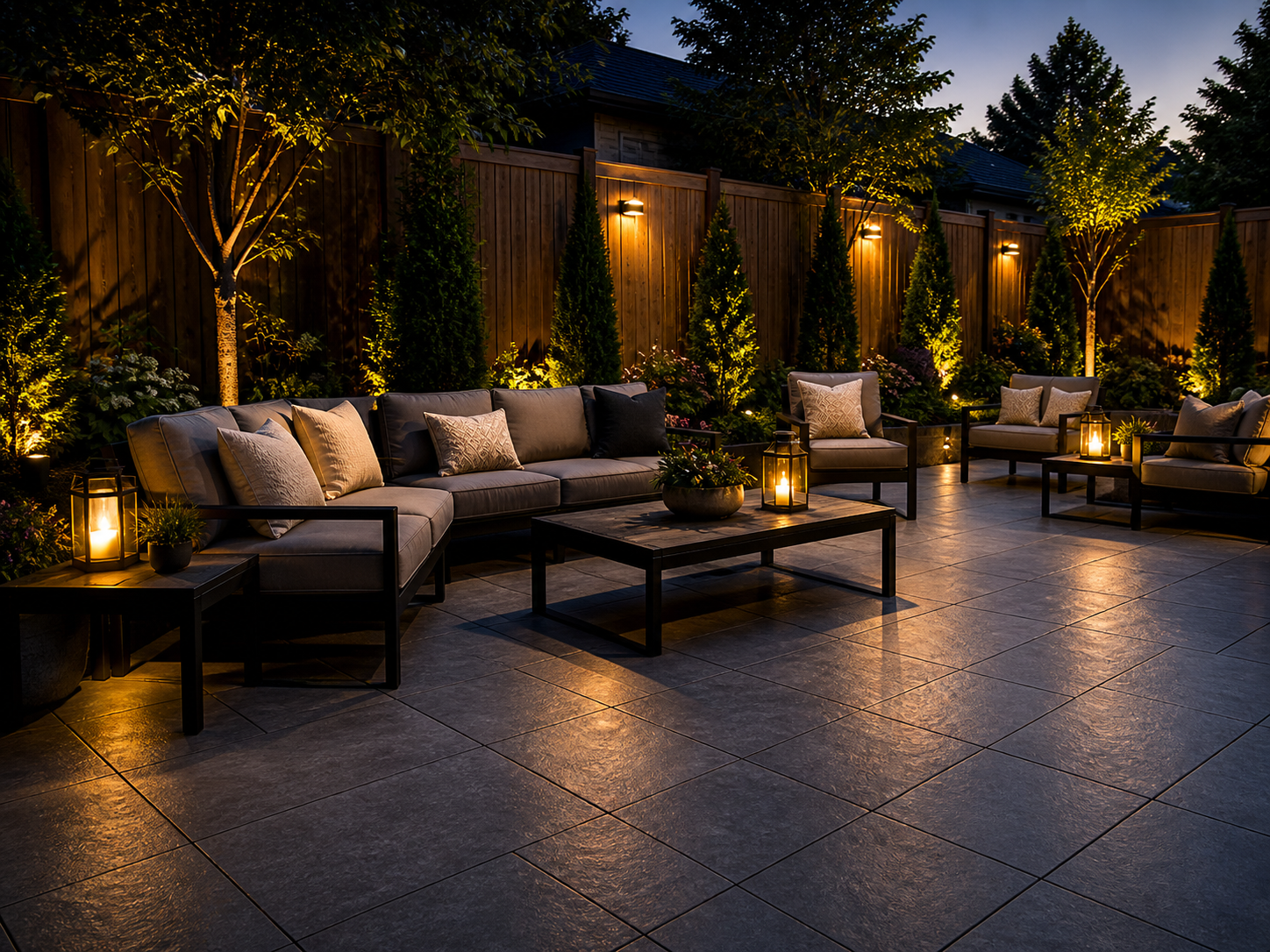 Warm-lit outdoor patio with cushioned seating, tables, and tall greenery at dusk