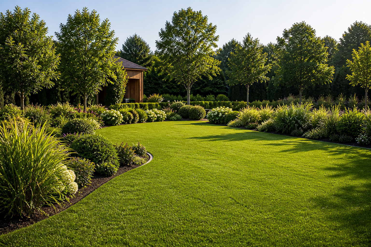 Sunlit landscaped garden with lush green lawn, curved flower beds, and tall trees under a clear sky