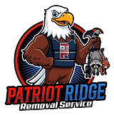 An eagle mascot in a vest holds captured raccoons; "Patriot Ridge Removal Service" logo.