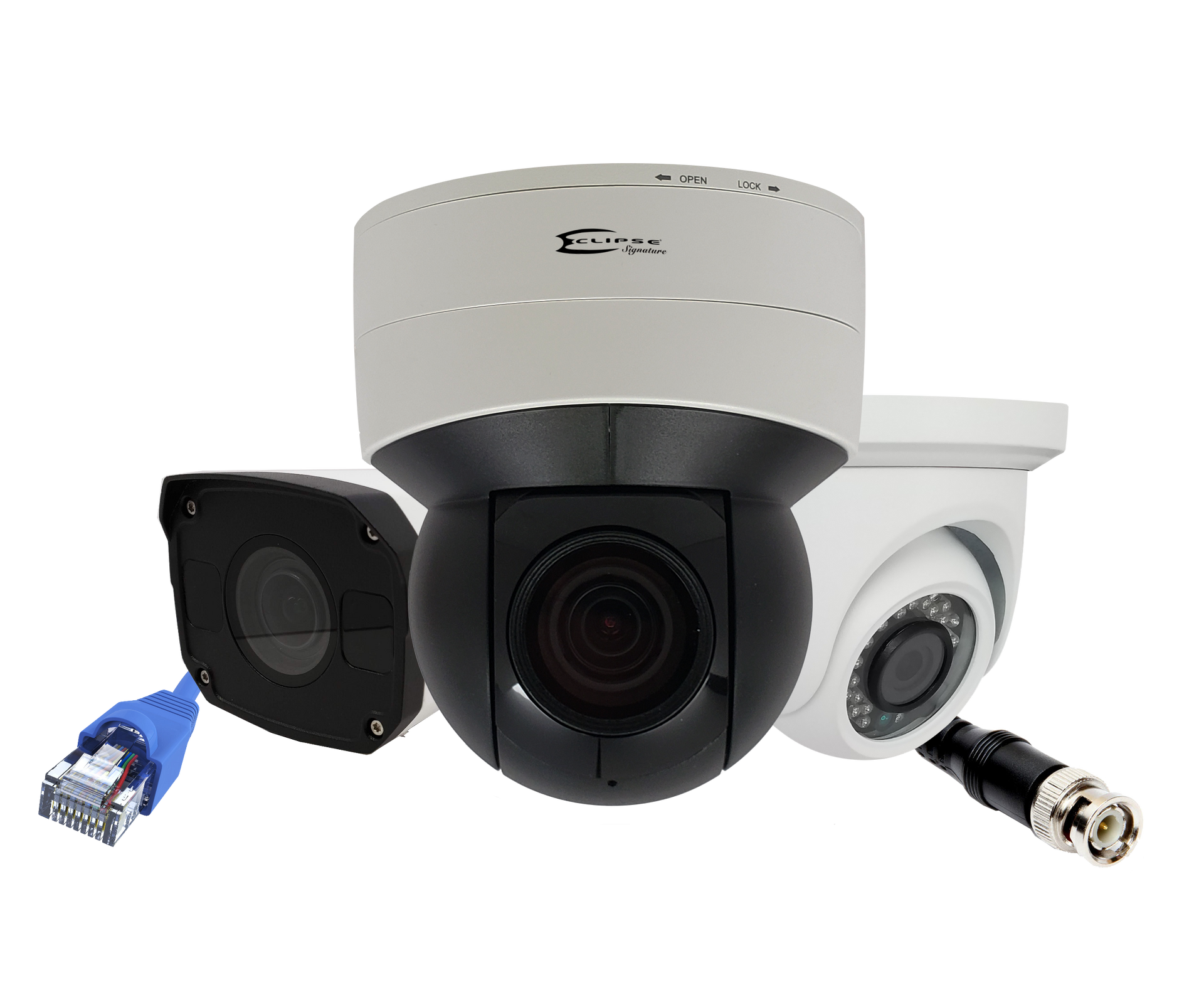 A group of security cameras on a white background