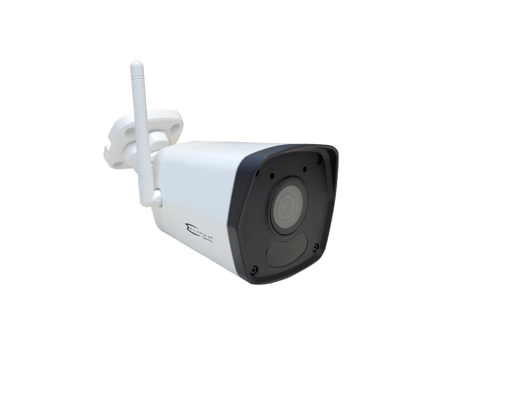 a security camera with a wireless antenna attached to it on a white background .