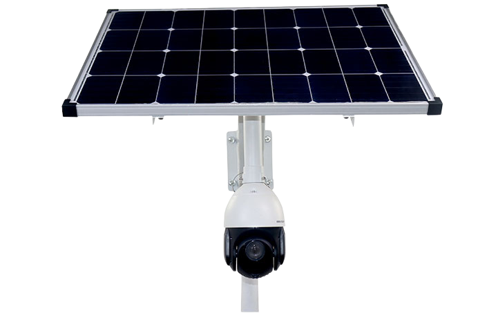 A solar panel is attached to a camera on a pole. Eclipse CCTV