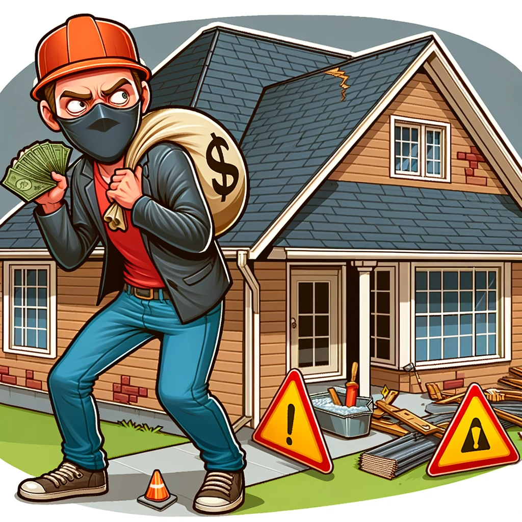 Cartoon of a roofers with hidden money, near a bad roofing job, symbolizing risks of dishonest roofing contractors.