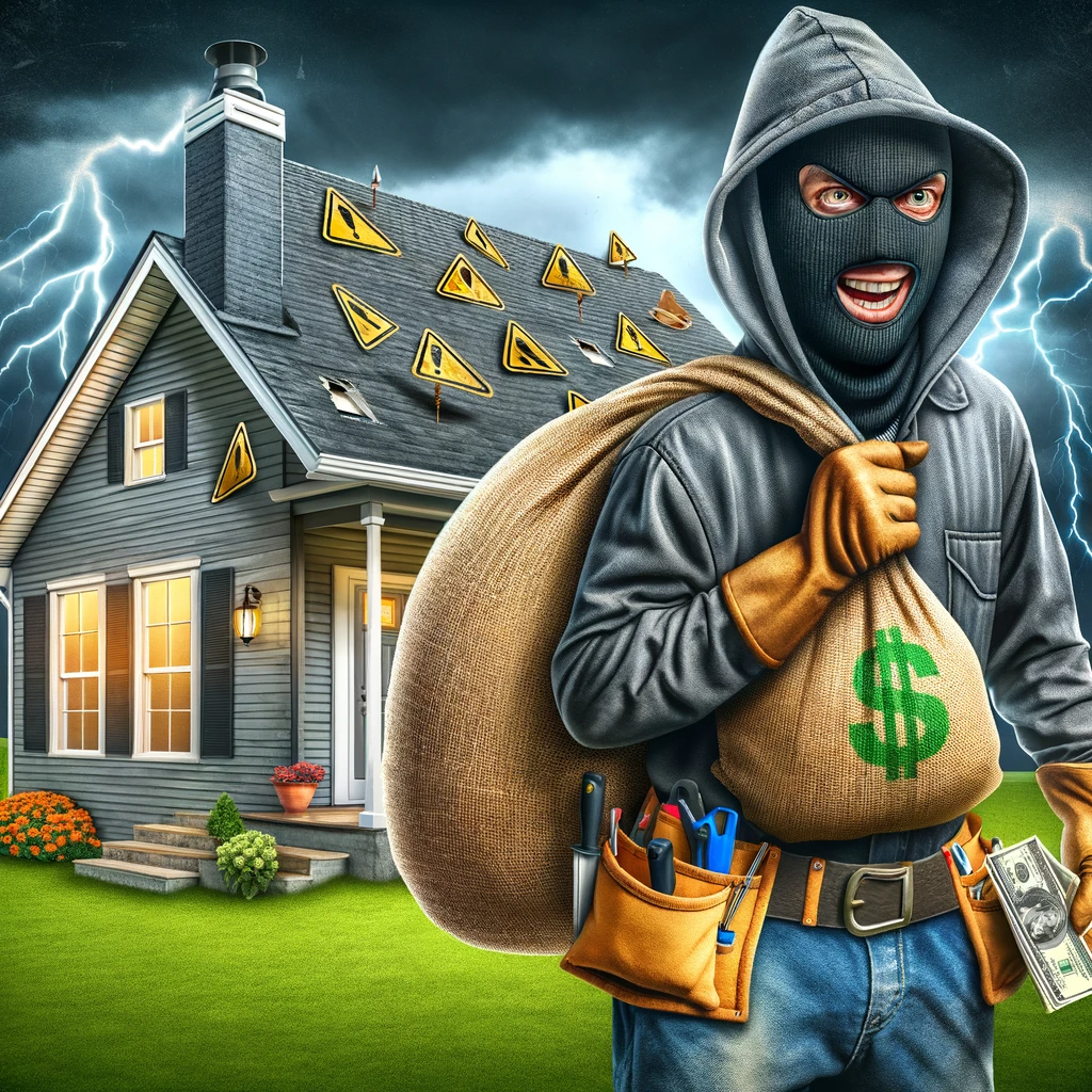 Illustration of a shady roofers with cash, against a substandard roof, emphasizing caution against roofing scams.