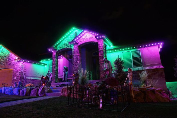 A house is decorated with purple and green lights at night.