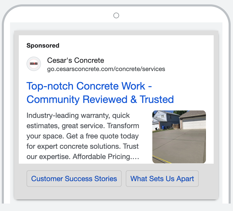 A cell phone with a sponsored ad for cesar 's concrete