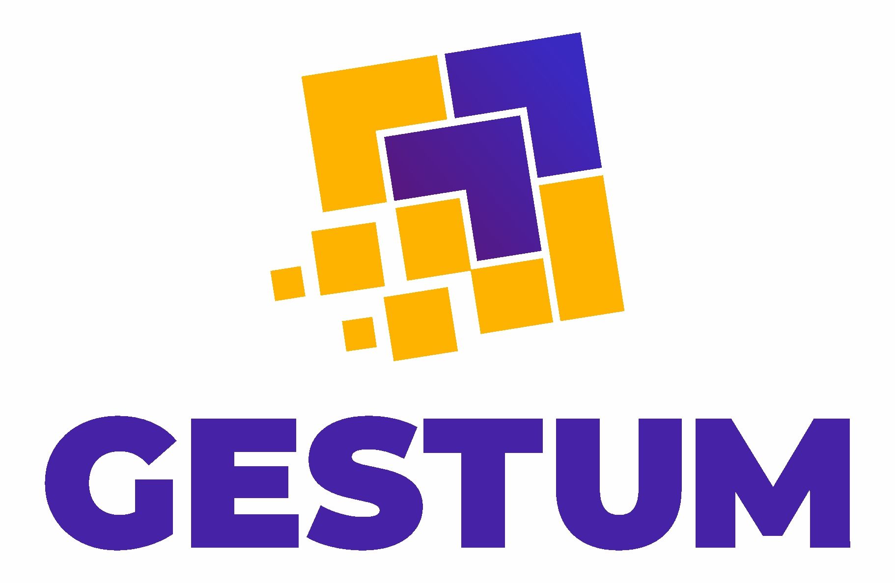 Un logotipo para gestum con un cuadrado amarillo y morado sobre un fondo blanco.