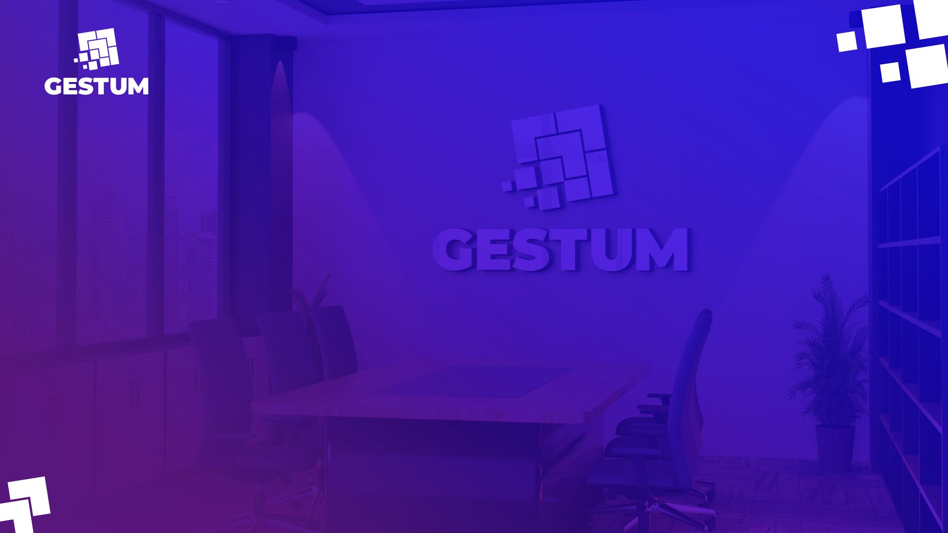 Una habitación violeta con un escritorio y una silla y un logo de Gesto en la pared.