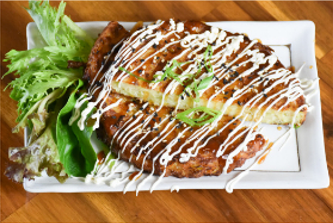 Okonomiyaki Pancake Drizzled With Sauce and Mayonnaise — Fresh Seafood In Warana, QLD