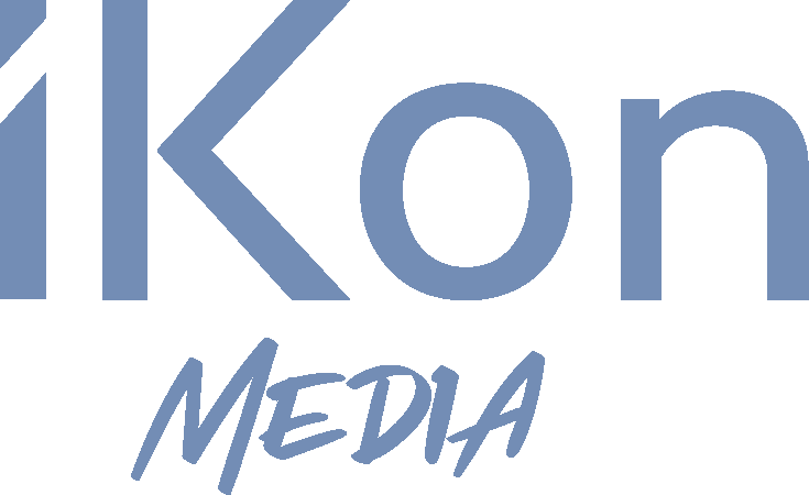 Logo for iKon Media in light blue with the word 