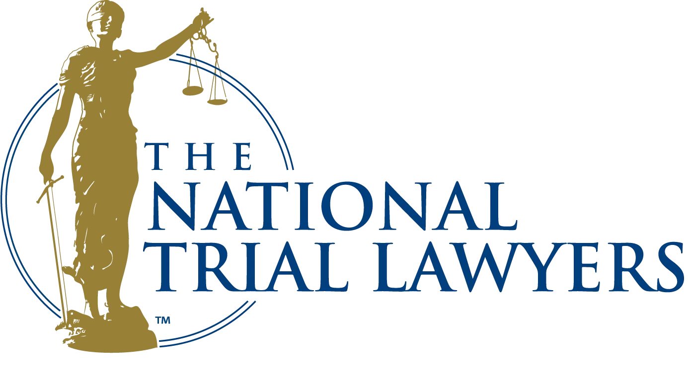 Logo for The National Trial Lawyers with a gold statue beside blue text on a white background
