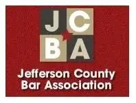 Jefferson County Bar Association logo on red background with J C B A letters in a square