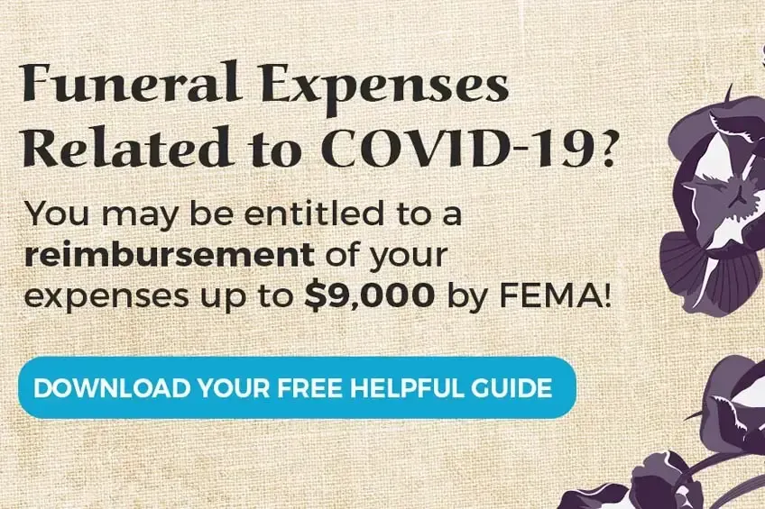 Text advertising FEMA reimbursement for COVID-19 funeral expenses up to $9,000, with a blue button to download a guide.