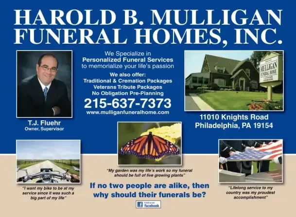 Advertisement for Harold B. Mulligan Funeral Homes in Philadelphia, featuring services, contact info, and photos.