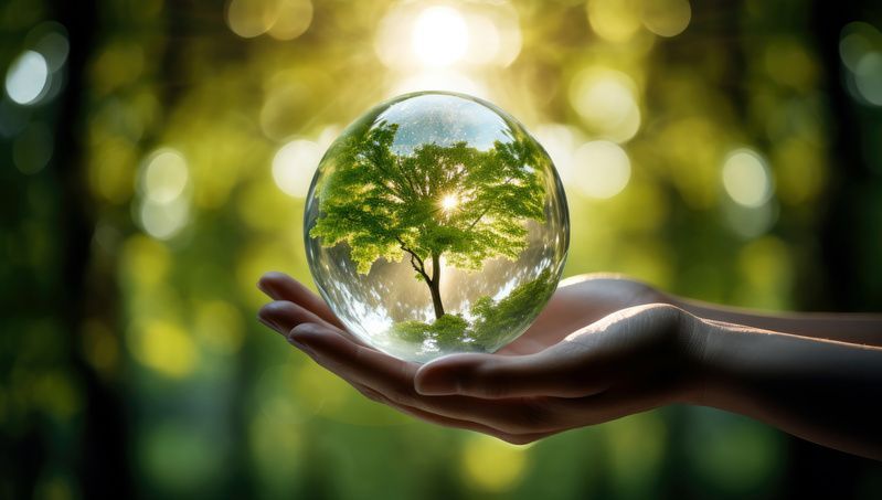 Two cupped hands hold a glass sphere containing a glowing green tree, set against a blurred, sunlit forest background.