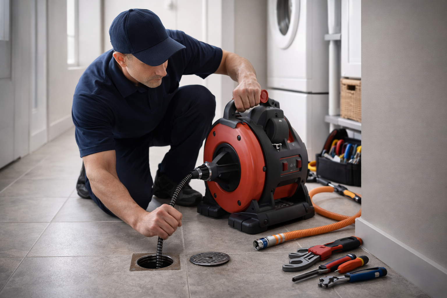 Plumber using a drain snake in a tiled bathroom.  Tools and washing machine are visible.