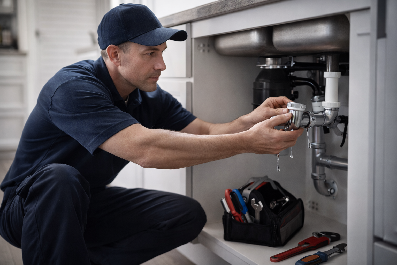 Plumber in blue uniform working under a kitchen sink. Kneeling, inspecting pipes with tools nearby.
