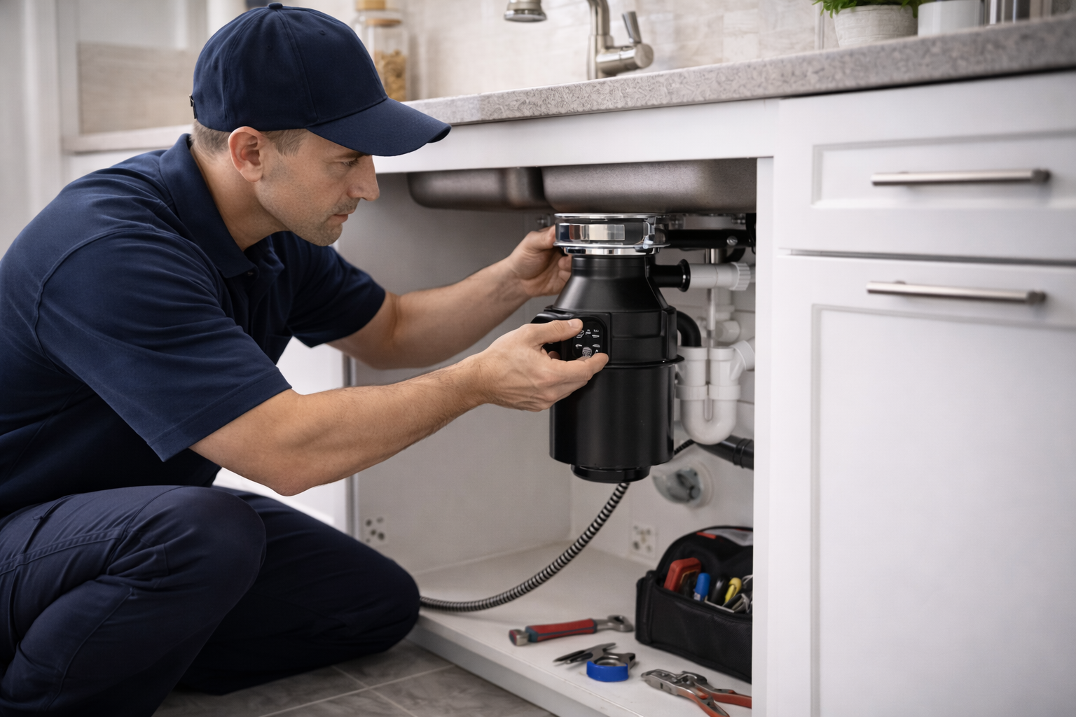 Plumber installing a garbage disposal under a kitchen sink. Wearing a blue cap and shirt.