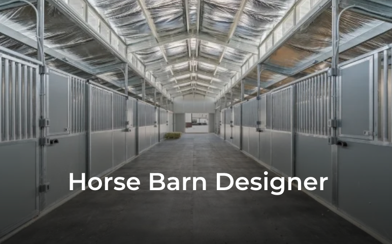 A long hallway of horse stables with the words `` horse barn designer '' on the bottom.