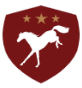 A red shield with a white horse and three stars on it.