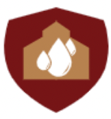 A shield with a house and water drops inside of it.