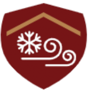 A red shield with a snowflake and a swirl on it.