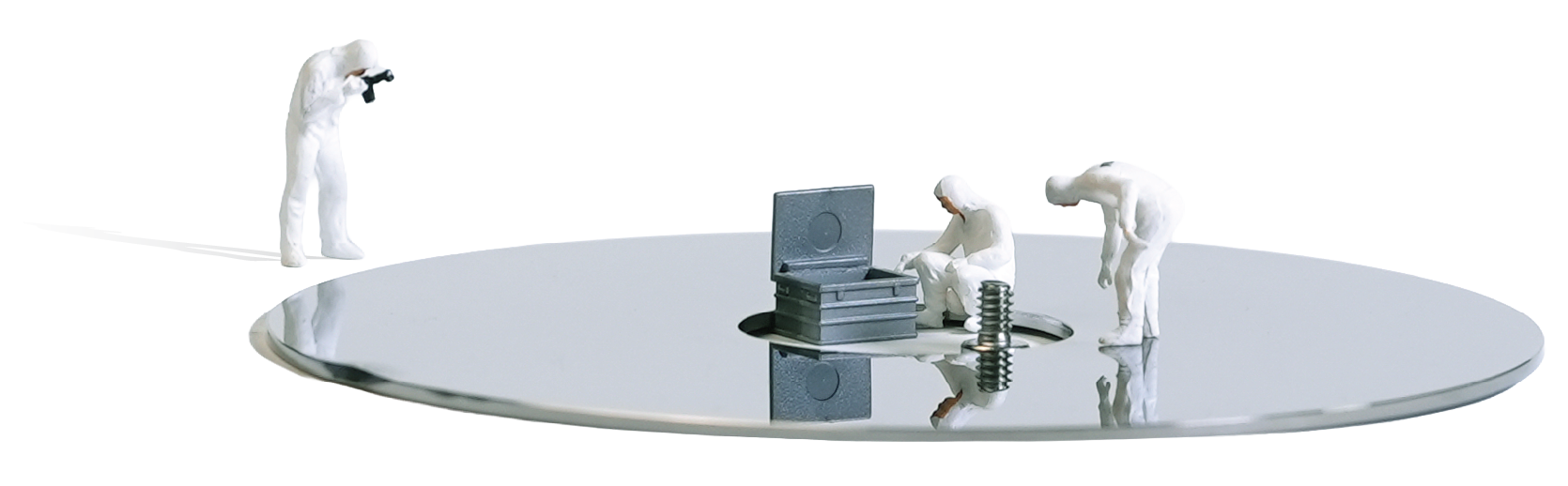 Three workers in white suits on a large, reflective disc, with equipment. One takes a photo, two work.