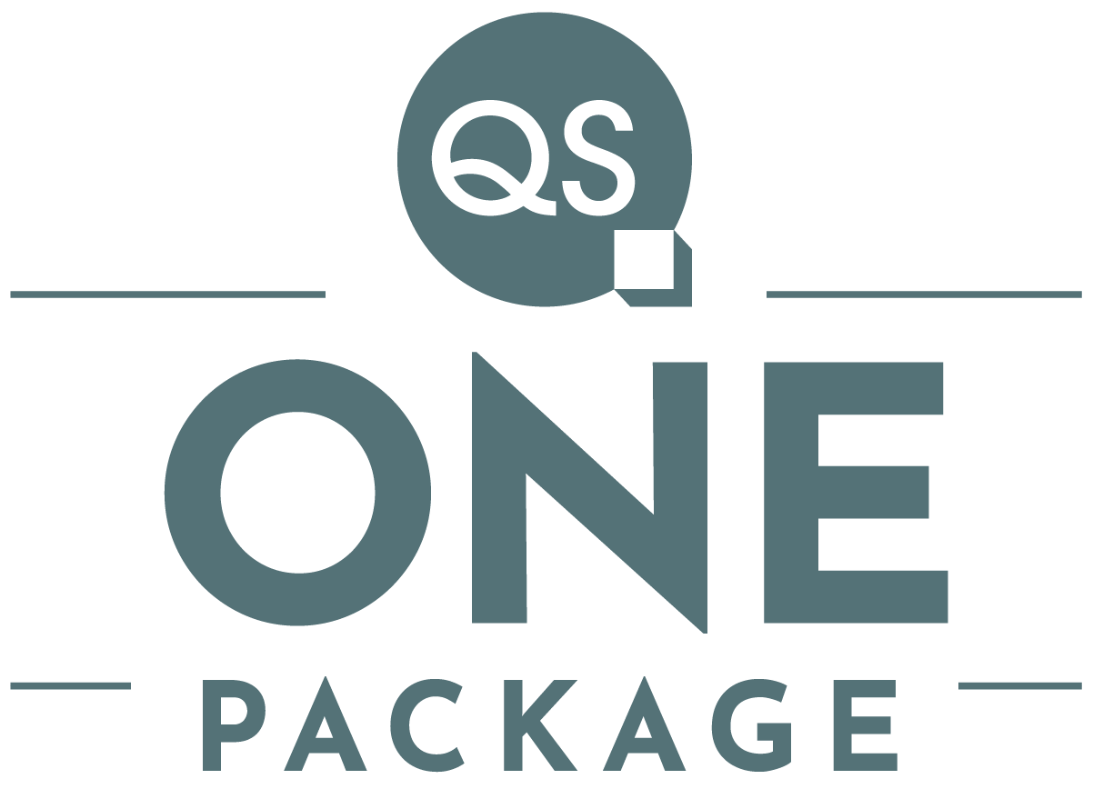 The logo for qs complete package is gray and white.