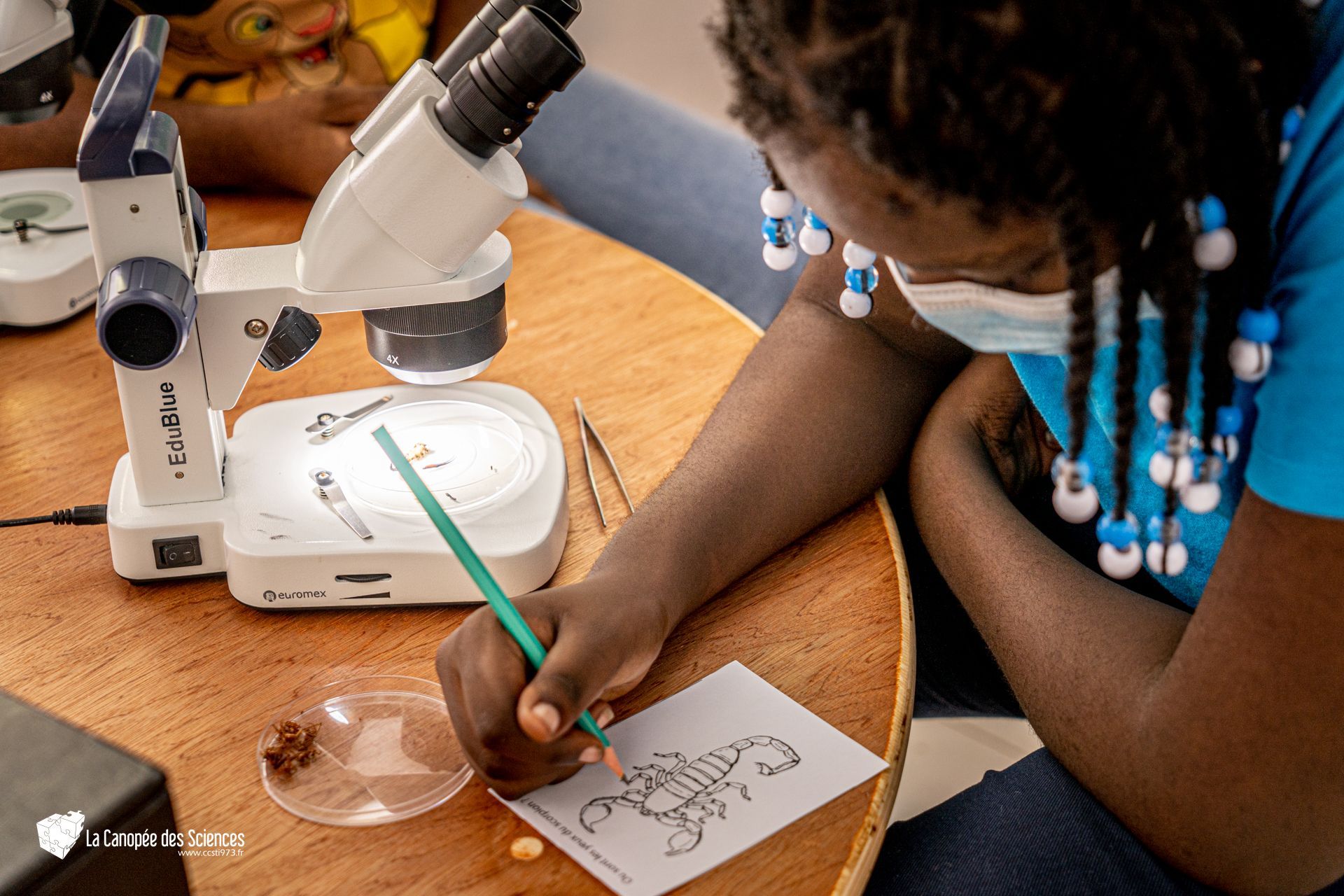 Une fille est assise à une table avec un microscope et écrit sur un morceau de papier.