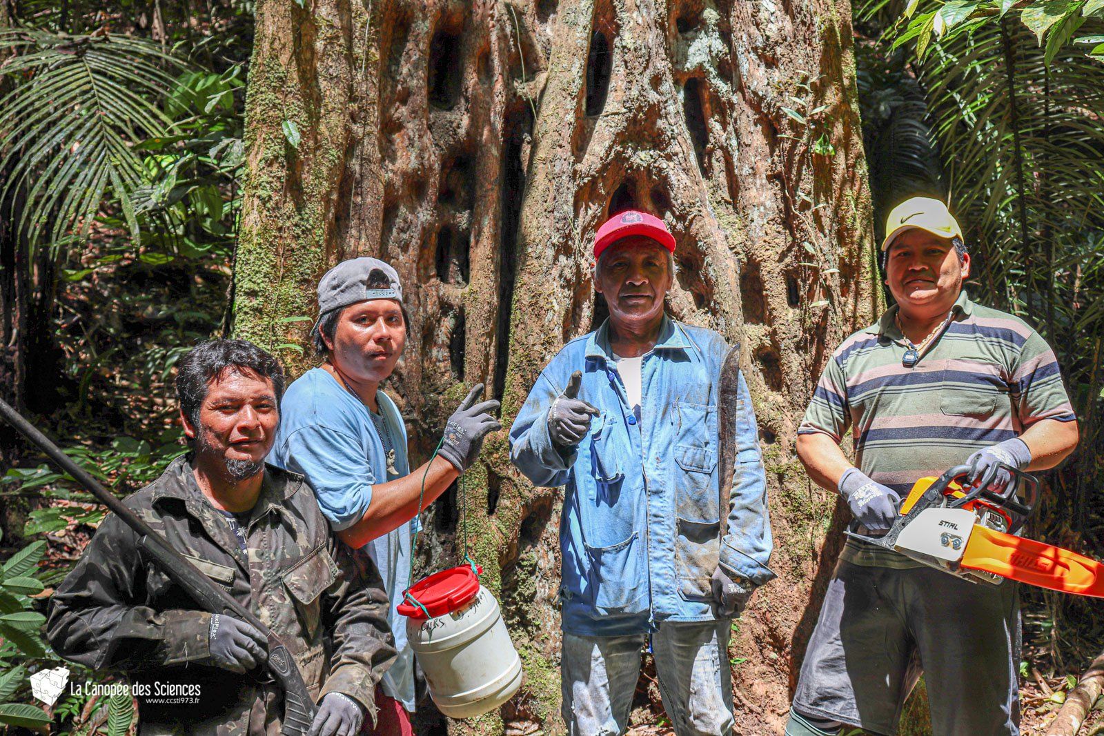 Un groupe d'hommes se tient devant un grand arbre.