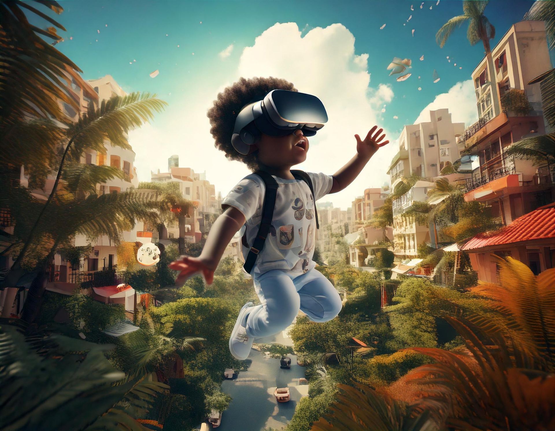 Un jeune garçon portant un casque de réalité virtuelle saute dans les airs.