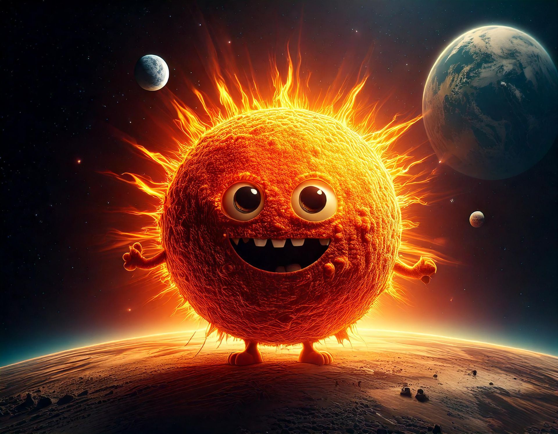 Un soleil de dessin animé avec des bras et des jambes se tient au sommet d'une planète.